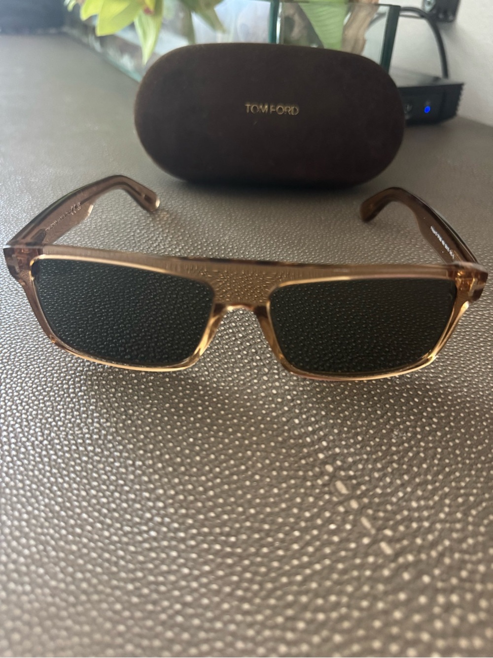 Tom Ford Amber Brown Transparent Rectangular Sunglasses with Dark Lenses